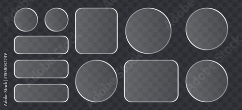 Set of glassmorphism buttons and frames, frosted glass shapes with soft light reflections