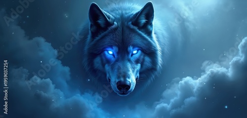 Blue wolf with glowing eyes emerges from dark mist and clouds. Creature appears powerful and mysterious in this fantasy scene with starry night sky.