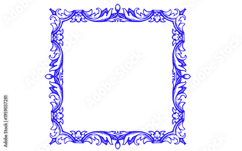 Vintage blue ornate frame with baroque floral scrollwork, elegant royal border illustration, decorative filigree square frame for wedding invitations