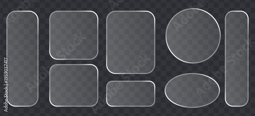 Set of glassmorphism style frames, transparent frosted glass plates with rounded corners