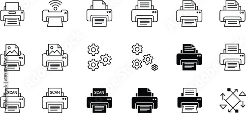 Set of printer icons with document scan wireless printing copy settings and office equipment symbols minimal outline and solid vector collection