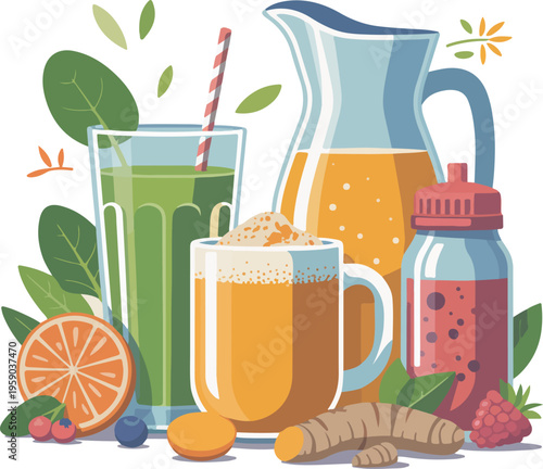 Green smoothie orange juice and berry drink with fruits