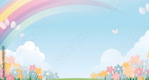 Colorful Flower Garden Background with Rainbow and Blue Sky.