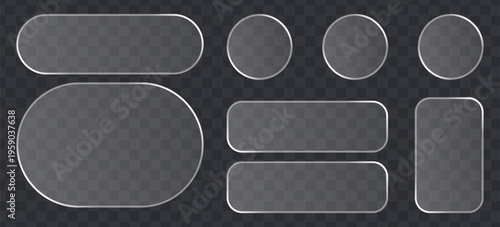 Set of glassmorphism frosted glass buttons and shapes with soft light reflection