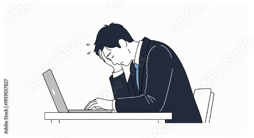 A stressed businessman in a dark navy suit sits at a white desk with a gray laptop while resting his head in his hand against a clean white background.