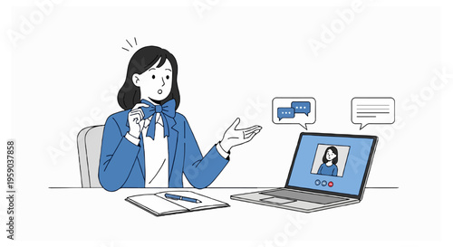 A surprised young woman in a blue school uniform blazer and bow tie gestures toward a laptop screen displaying a video call with speech bubbles on a white background.