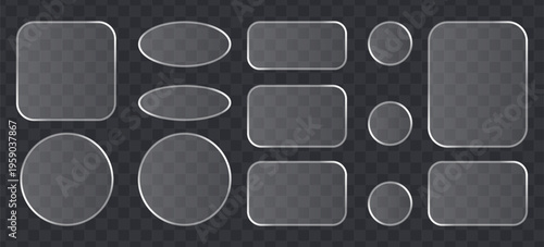 Set of glassmorphism buttons and frames, transparent frosted glass ui elements, vector shapes