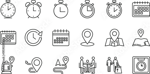 Set of time and location icons featuring clocks calendars maps navigation pins schedule planning and delivery minimal outline vector collection