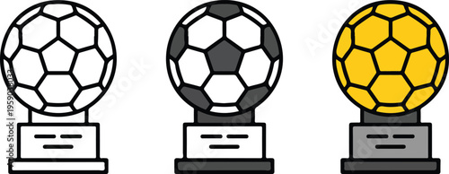 Professional golden soccer ball trophy icon set featuring championship award designs in minimalist line art and flat vector styles.