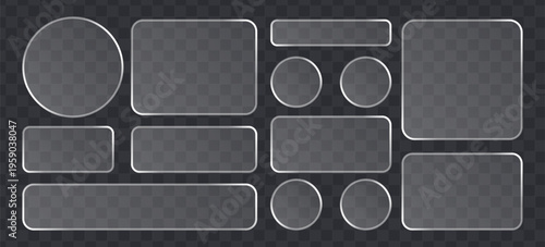 Set of glassmorphism ui elements, frosted glass buttons and frames, transparent shapes