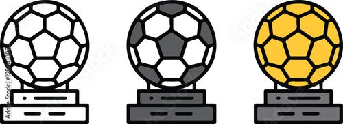 Professional golden soccer ball trophy icon set featuring championship award designs in minimalist line art and flat vector styles.