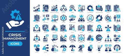 Crisis management icon set featuring risk control, emergency response, recovery planning, and communication icon. Simple solid vector.