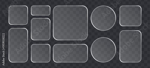 Set of glassmorphism frames, frosted glass plates, transparent ui elements with rounded corners