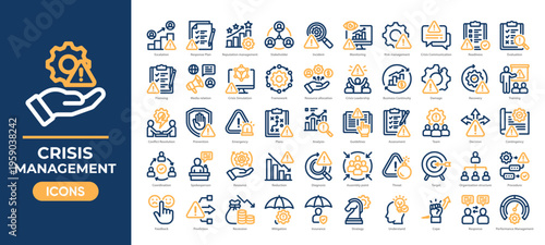 Crisis management icon set featuring risk control, emergency response, recovery planning, and communication icon. Simple two tone vector.