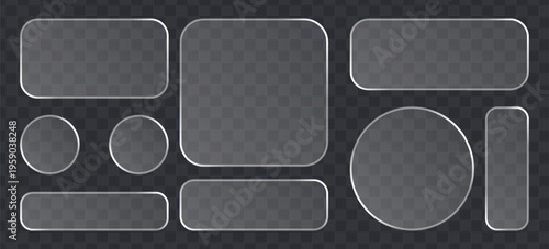 Set of glassmorphism buttons and frames with rounded corners, frosted glass effect ui elements