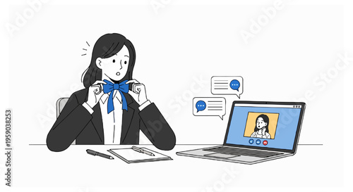 A startled woman in a black business suit and blue bow tie looks at a laptop screen during a video conference with speech bubbles and stationery on the desk.