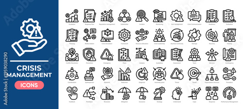 Crisis management icon set featuring risk control, emergency response, recovery planning, and communication icon. Simple line vector.