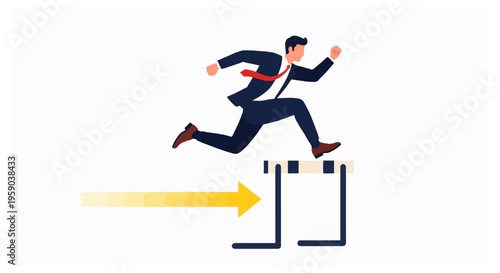 A businessman wearing a dark blue suit and red tie jumps over a black and white hurdle above a horizontal yellow arrow on white.