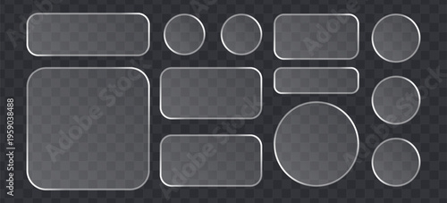 Set of glassmorphism style buttons and frames with rounded corners and circles