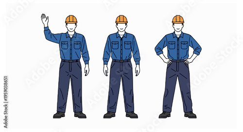 Three male industrial workers with white skin and yellow hard hats are depicted in waving and standing poses against a white background.