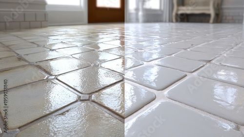 Transforming a dirty tiled floor into a pristine, gleaming surface demonstrating cleaning