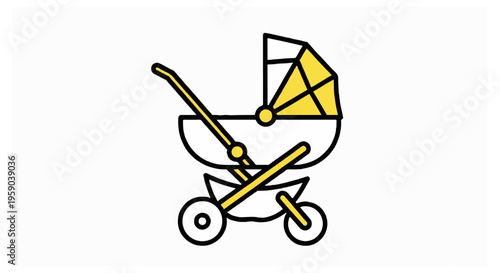 A stylized baby stroller with a yellow hood and black outlines is centered on a plain white background in a horizontal composition.
