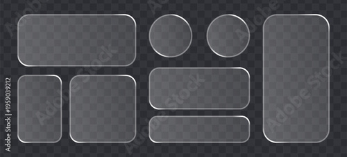 Set of glassmorphism buttons and ui elements, frosted glass effect shapes, transparent frames