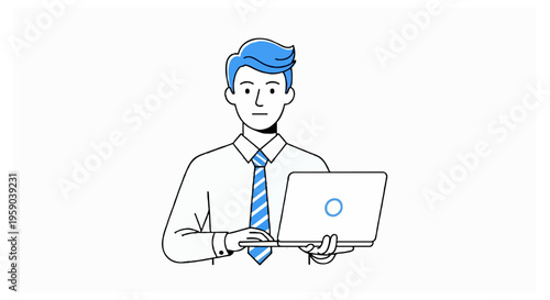 A man with blue hair and a blue striped tie holds a laptop computer while looking forward against a white background.