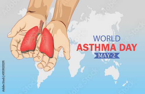 World Asthma Day Human Hands Holding Red Lungs Medical Illustration on World Map.