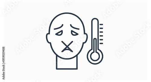 A black line art icon depicts a human head with a sad face and an X over the mouth next to a thermometer.