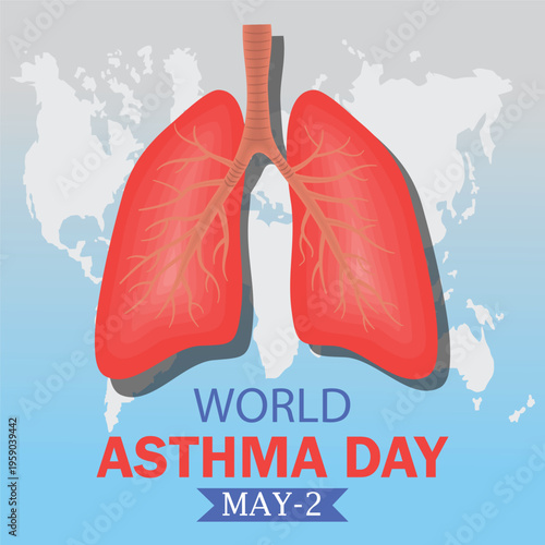World Asthma Day Red Human Lungs Anatomy Illustration with World Map Background.