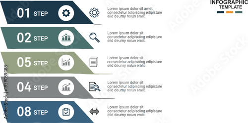 Step process infographic template vector with numbered stages icons and workflow layout for business strategy planning presentation and project management design