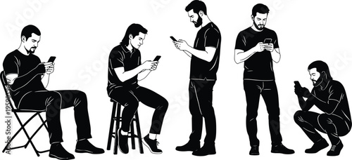 Men using smartphones in various poses illustrating mobile addiction social media lifestyle modern communication technology silhouette vector illustration set