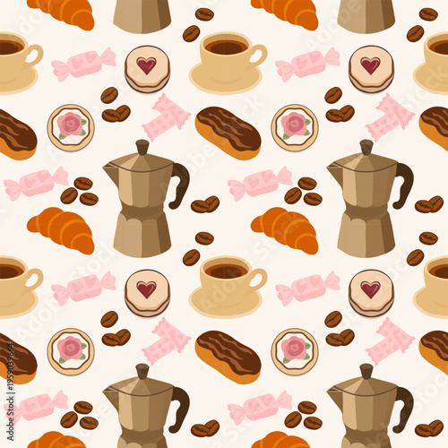 A set of elements: coffee pot, cup, cake, cookies, and candies. Cute, creative vector food illustration. Seamless pattern. For textiles, wallpaper, paper, and stationery.