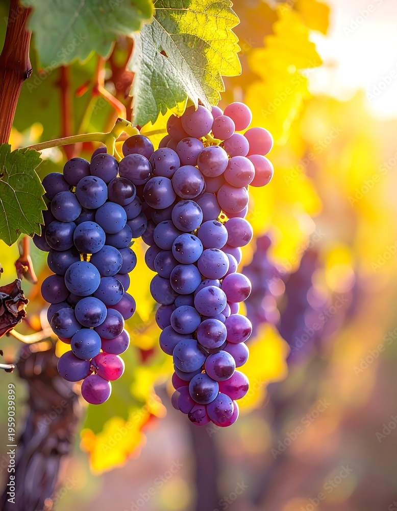 Fototapeta premium Grapes hanging from vine in vineyard.