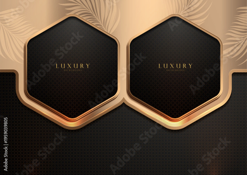 Black gold 2 hexagon background with leaf pattern, Islamic style design, luxury template for website, festive banner, advertising, marketing layout and premium branding concept