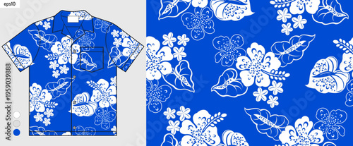 Blue Hawaiian shirt with hibiscus floral pattern, tropical leaves design, summer fashion textile mockup, beachwear and casual clothing presentation, vibrant tropical fabric style