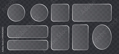 Set of glassmorphism buttons, frosted glass shapes, transparent ui elements, vector icons