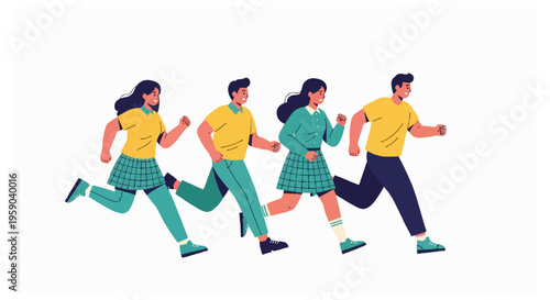 A group of four happy young people consisting of two men and two women running together in a line while wearing yellow shirts and green bottoms.