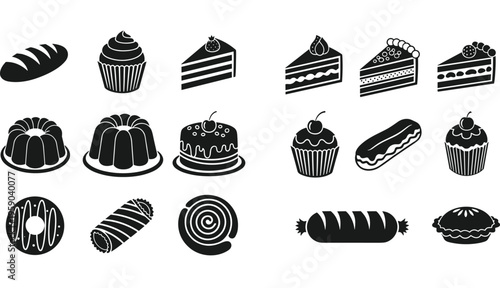 Bakery dessert silhouette vector set with cake slices cupcakes donuts bread pastry and sweet food icons illustration