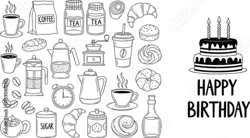 Hand drawn coffee and bakery doodle vector set with tea cups croissant cake cookies and breakfast elements for cafe menu design