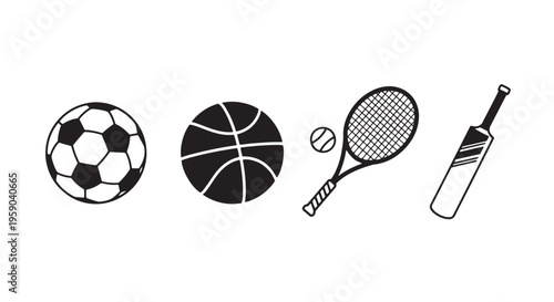 Sports Icon Set Soccer Ball Basketball Tennis Racket Cricket Bat, Simple Solid Black 2D Flat Design, Isolated on White