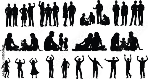 People Silhouette Collection Vector Illustration, Men Women Family and Dancing Figures Set, Human Crowd Characters Black Silhouette Bundle