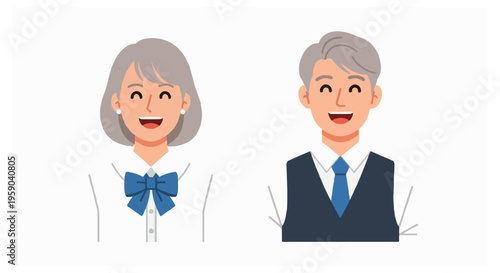 A smiling elderly woman with a blue bow and a smiling elderly man with a blue tie and dark vest stand against a white background.