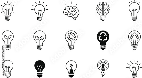 Creative idea and innovation icons set featuring light bulbs brain thinking energy concept inspiration and problem solving minimal vector collection