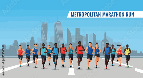 Diverse Group Of Runners Competing In A Marathon Event In A Cityscape