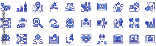 Affiliate Marketing blue style icon collection. Vector illustrations. Money back, Growing, Local, Promote, Join, Commission, Pay per click, Influencer. Professional vectors.	
