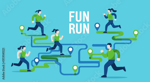 Diverse Runners Navigating A Stylized Course Together For A Healthy Lifestyle Event