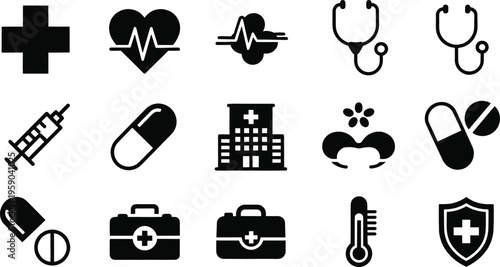 Healthcare and medical icons set featuring hospital syringe pills stethoscope heartbeat thermometer and emergency symbols solid vector collection
