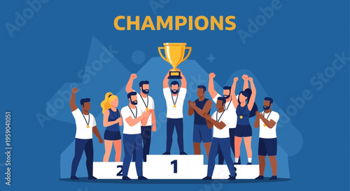 Diverse Team Celebrates Championship Victory On Podium With Trophy